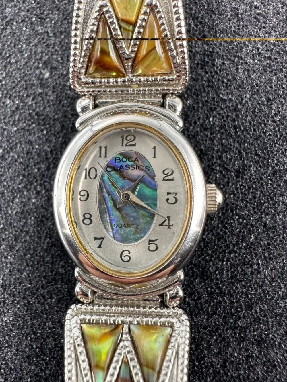 Boca Classics Watch Women Silver Tone Abalone Stretch Band New Battery 6.25
